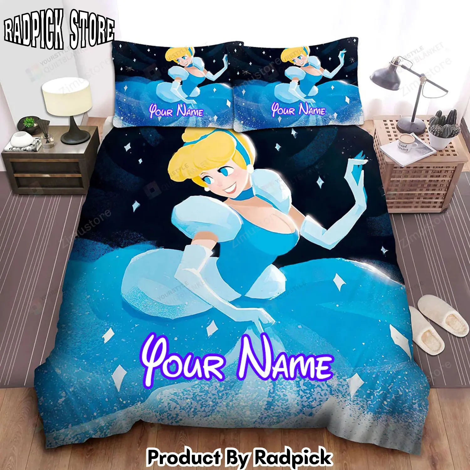 Radpick sparkly disney princess cinderella in magnificent dress bed sheet spread comforter duvet cover personalized name bedding sets rp3272107